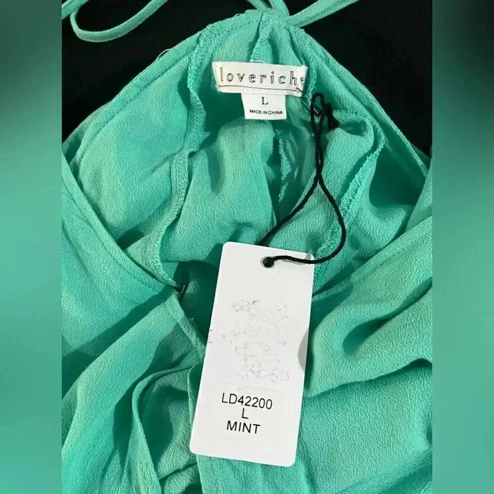Loveriche size L NWT aqua green tank dress w/spaghetti straps and Pom-Pom trim - Picture 10 of 10